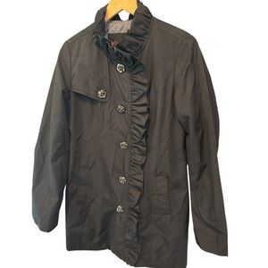 Betsey Johnson Black Ruffle Rose Button Trench Coat Jacket Sz M (Missing Belt)